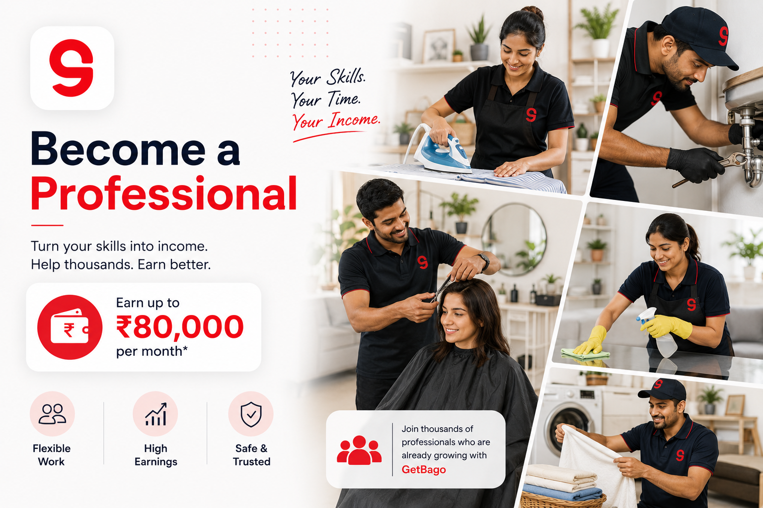 GetBago professionals — haircuts, plumbing, ironing and cleaning — earning up to ₹80,000 per month